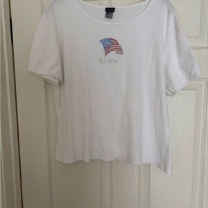 TAHOE Rhinestone Logo on Classic White Top with American Flag Design. $10.